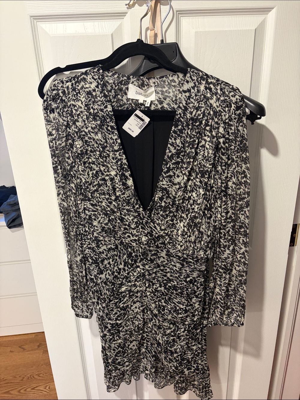 ba&sh Black and White Printed Long Sleeve V-Neck Dress
